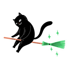 Black Cat Flying On The Broomstick. Hand Drawn Halloween Illustration