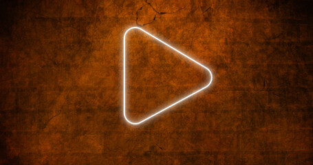 Composite of red illuminated digital play button icon against abandoned old wall, copy space