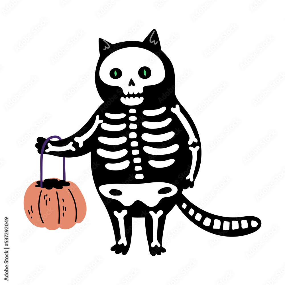 Canvas Prints Cat In Skeleton Costume. Hand Drawn Halloween Illustration