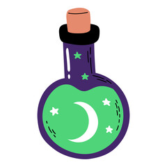 Potion Or Elixir With Crescent Moon. Hand Drawn Halloween Illustration
