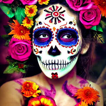 Day of the dead, woman with calaveras makeup