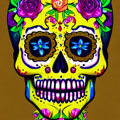 Day of the dead, Dia de los muertos, sugar skull with calaveras makeup, colorful Mexican flowers, greeting card