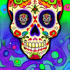 sugar skull with colorful flowers, Dia de los muertos holiday, greeting card