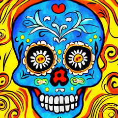 sugar skull with colorful flowers, Mexican Day of the Dead, greeting card