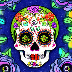 sugar skull with colorful flowers, Dia de los muertos holiday