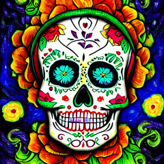 sugar skull with colorful flowers, Mexican Day of the Dead