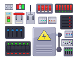 Different kinds of switches vector illustrations set. Collection of drawings of safety switches or circuit breakers, electric buttons for machines on white background. Technology, electricity concept