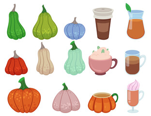 Pumpkins and autumn seasonal drinks vector illustrations set. Collection of cartoon drawings of pumpkins, cups and glasses of coffee, latte on white background. Autumn or fall, seasons, coffee concept