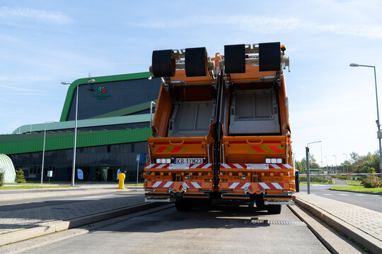 MPGO Garbage Truck Near Waste Thermal Treatment Plant ZTPO Ekospalarnia, Eco-incinerator. Kraków Municipal Management Service, MPO Cleaning Enterprise Company Car On October 8, 2022 In Krakow, Poland.