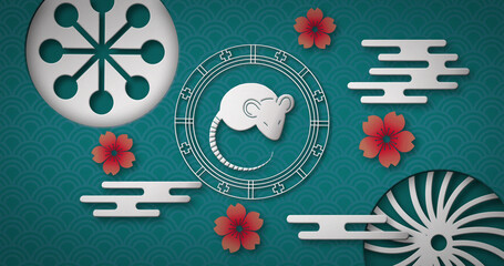 Image of chinese symbolic with mouse, flowers and shapes on green scallop background