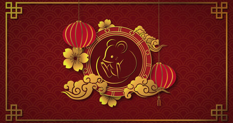 Image of chinese symbolic with mouse, flowers and clouds on red scallop background