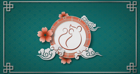 Image of chinese symbolic with mouse, flowers and clouds on green scallop background