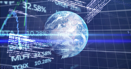 Image of diverse data and graphs processing over globe in navy digital space