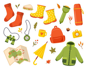 Autumn camping elements vector illustrations set. Autumn camp or walk, map items, backpack, map, binoculars, herbs isolated on white background. Nature, autumn or fall, camping, archeology concept