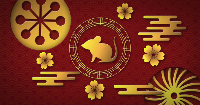 Image of chinese symbolic with mouse, flowers and shapes on red scallop background