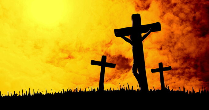 Image of christian crosses over smoke and fire