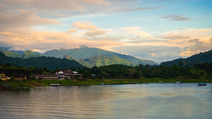 Obraz premium Landscape at Wooden Mon Bridge, Sangkhlaburi, Kanchanaburi province, Thailand.