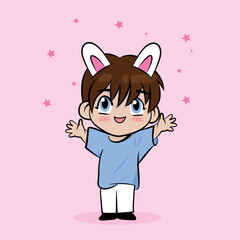 k-pop. Cute cartoon boy with bunny ears. Banner, poster, t-shirt, card, sticker, tag, bag print. vector