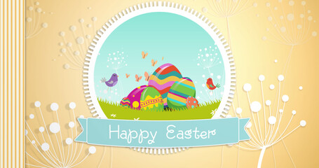 Image of happy easter text over coloured eggs in field on brown background with white plants