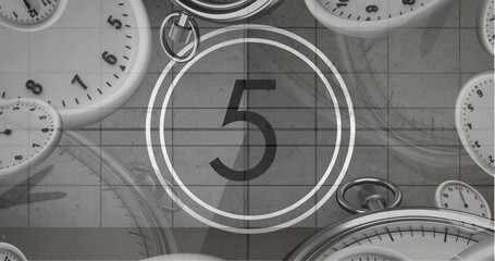 Image of number five in vintage black and white film projector countdown with clocks and watches