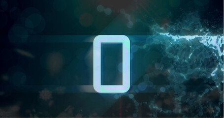 Image of blue retro digital number zero in countdown on damaged screen with black background