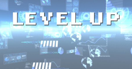 Digitally generated image of level up text over infographic interface with lens flare