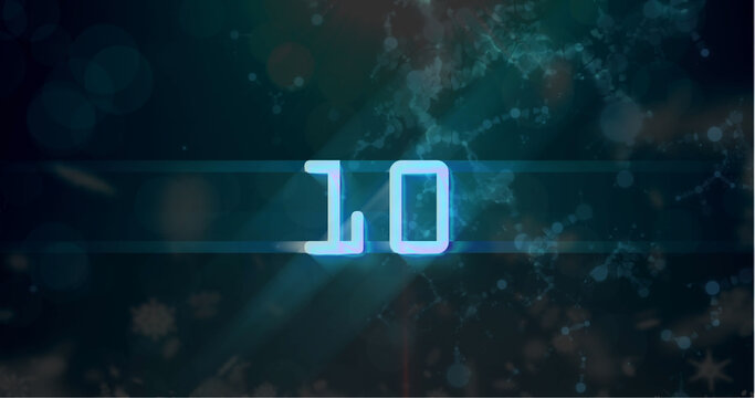 Image of blue retro digital number ten in countdown with screen flare on black background
