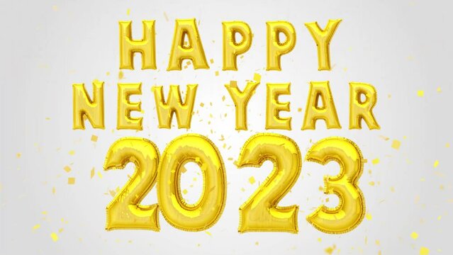 Happy new year 2023 Golden Balloons Text decoration glitter gold confetti on trendy background. Holiday greeting card design. Shiny festive party congratulations invitation, calendar theme design