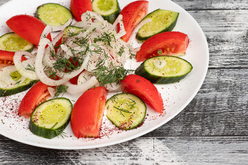Salad, salad with vegetables on a wooden white background