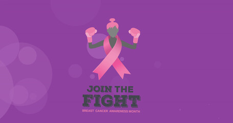 Female boxer with pink awareness ribbon and join the fight, breast cancer awareness month text