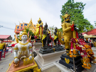 Big Giant call thai name Thao Wessuwan statue in Chulamanee Temple at Samut Songkhram Province , Thailand.