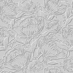 3d poppies seamless pattern. Textured emboss poppies field background. Repeat white relief vector backdrop. Drawing Poppy flowers leaves line art surface 3d ornaments. Embossed grunge endless texture