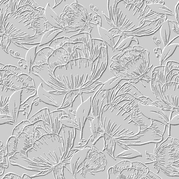 3d poppies seamless pattern. Textured emboss poppies field background. Repeat white relief vector backdrop. Drawing Poppy flowers leaves line art surface 3d ornaments. Embossed grunge endless texture