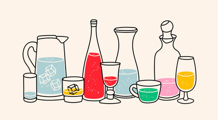 Different liquids in Various containers. Colorful beverage in the bottle, glass, jug, cup and mug. Hand drawn modern Vector illustration. Bar, restaurant menu design template