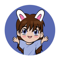 A cute cartoon K-pop girl with bunny ears wearing a blue t-shirt. for avatars, stickers, t-shirts, cards, stickers, printing on the bag. vector