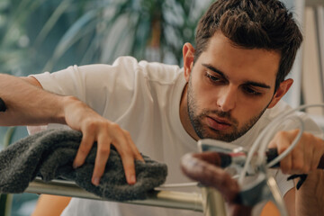 young man at home fixing and cleaning vintage bike