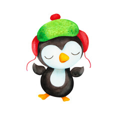 Cute penguin watercolor painting winter illustration. Hand drawn cartoon benguin bird wearing funny trapper hat with flaps. Christmas watercolor animal for winter print, card design, decoration.