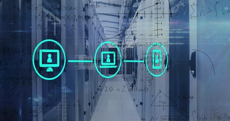 Animation of network of digital icons and mathematical equations against computer server room - Powered by Adobe