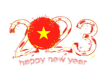 2023 Year in grunge style with flag of Vietnam.