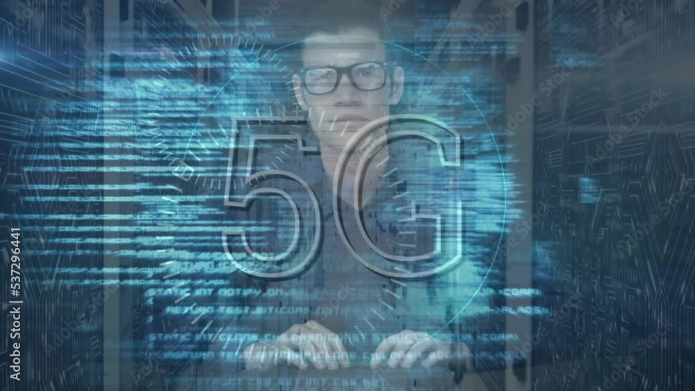 Poster animation of 5g text and data processing over caucasian male hacker against server room