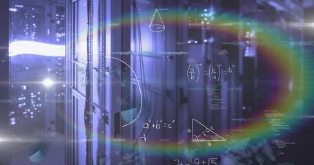 Animation of rainbow lens flare over mathematical equations and data processing against server room - Powered by Adobe