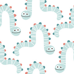 Worm snake seamless pattern. Monster in striped. Cute cartoon character in simple hand-drawn Scandinavian style. Vector childish doodle illustration. Baby textiles, fabric, digital paper.