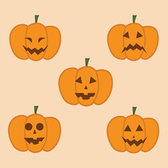 Halloween pumpkin set. Orange happy and scary pumpkin face. Vector illustration on a beige background.
