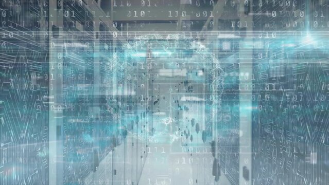 Animation of binary coding data processing and human brain icon against computer server room