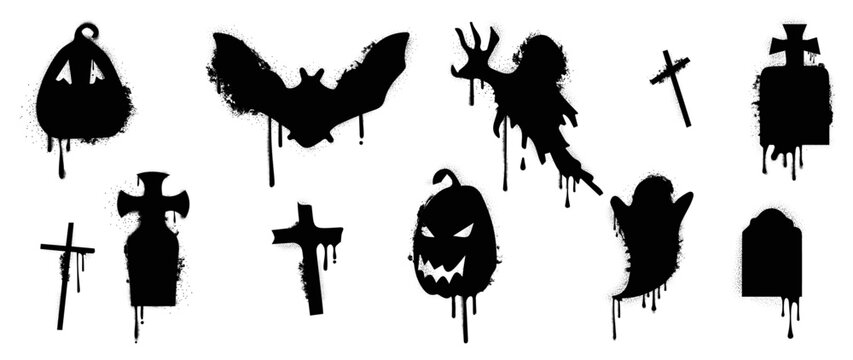 Set of graffiti spray pattern. Collection of halloween symbols, ghost, bat, mask, cross, demon with black spray texture. Elements on white background for banner, decoration, street art, halloween.