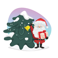 Christmas holiday decoration background with Tree Gift box and santa claus man isolated vector illustration. Happy new year winter holiday.