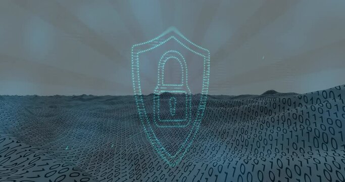 Animation of light spot over security padlock icon against binary coding over digital wave