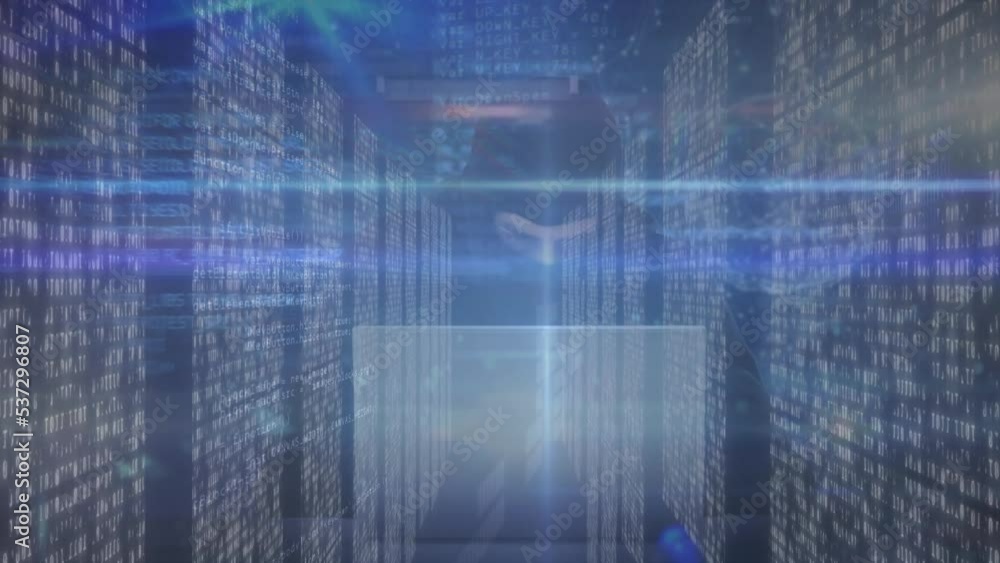 Poster animation of light trails over screens with mosaic squares against male hacker using a laptop