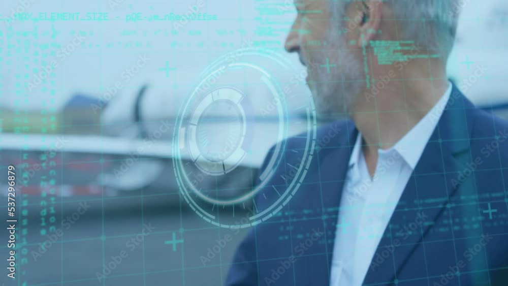 Poster animation of data processing and round scanner over caucasian businessman at an airport
