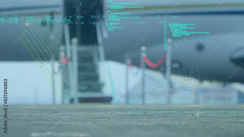 Poster Animation of data processing over low section of businessman walking at an airport
